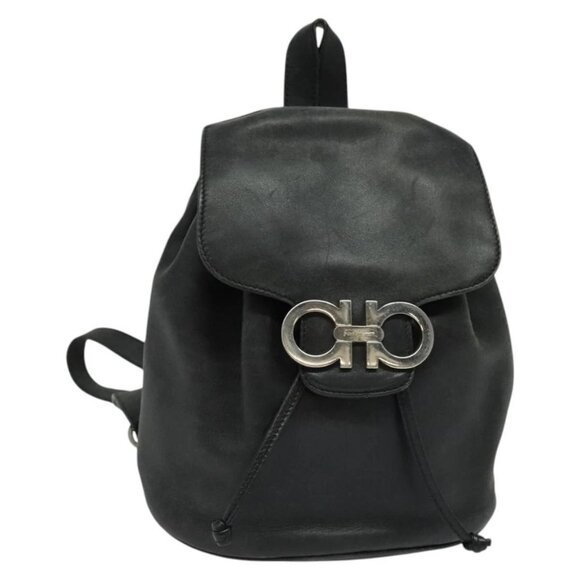 Salvatore Ferragamo Gancini Backpack Leather Black Silver Auth gh705 - Picture 1 of 16